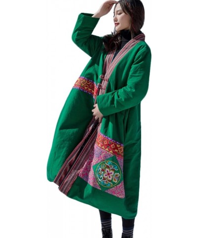 Women's Cotton Linen Thickened Coat Ethnic Embroidered Winter Warm Cotton Padded Parka Coat Green $58.00 Jackets