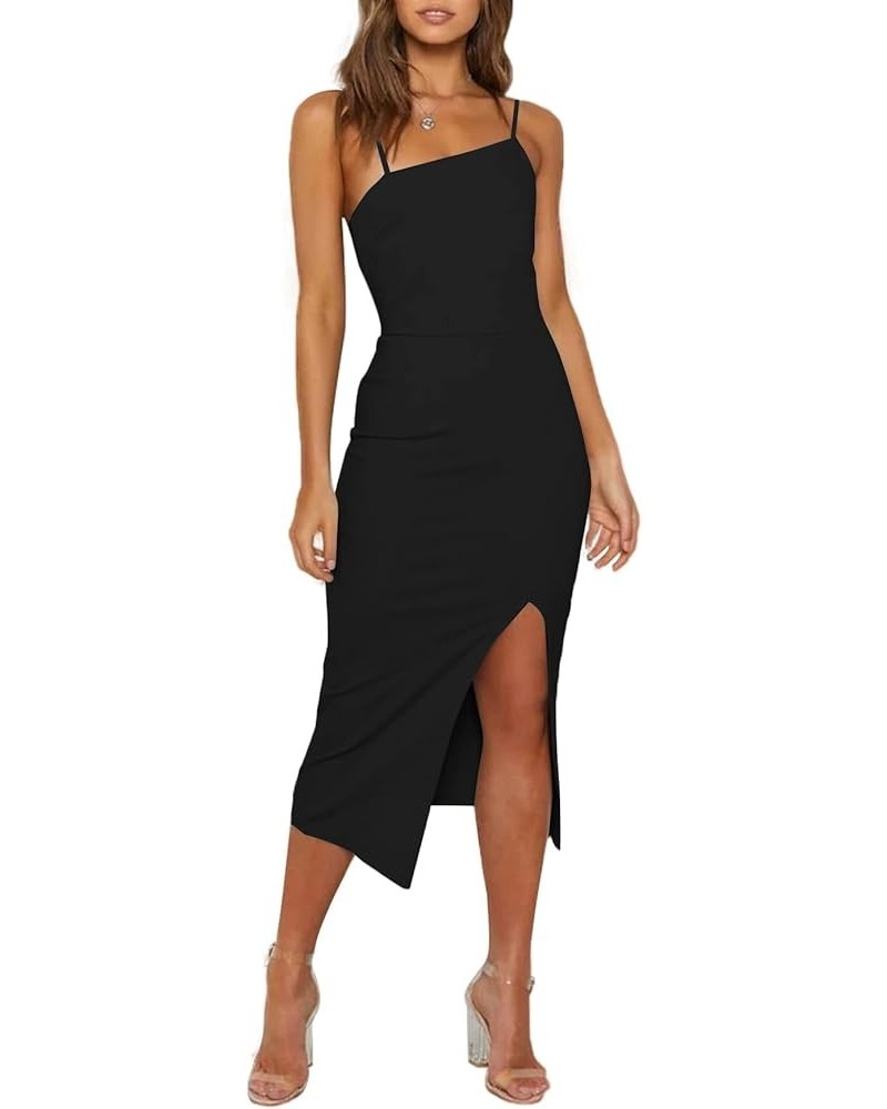 Women's Spaghetti Straps Split Hem Sleeveless Zipper Cocktail Prom Bodycon Midi Dress 2023 Summer 0 Black $14.57 Dresses