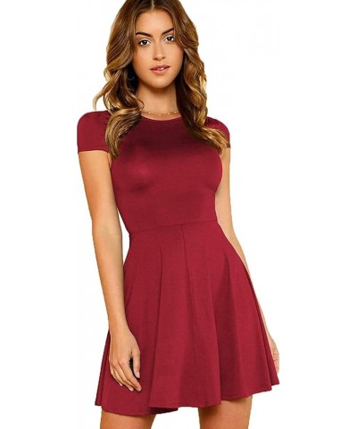 Women's V Back Fit and Flare Short Sleeve Stretchy Short Swing Mini Basic Dress Burgundy $16.28 Dresses