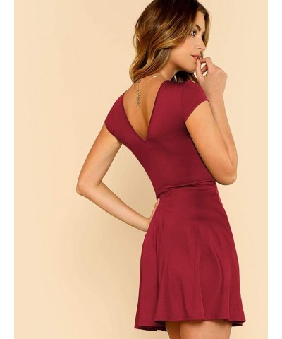 Women's V Back Fit and Flare Short Sleeve Stretchy Short Swing Mini Basic Dress Burgundy $16.28 Dresses