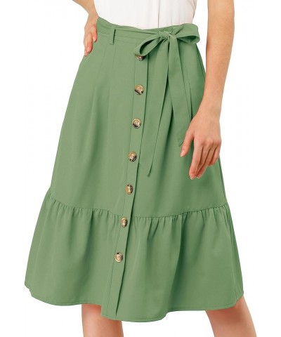 Women's Button Front Ruffle Hem Belt High Waist A-Line Flowy Chiffon Pleated Midi Skirt Avocado Green $12.10 Skirts