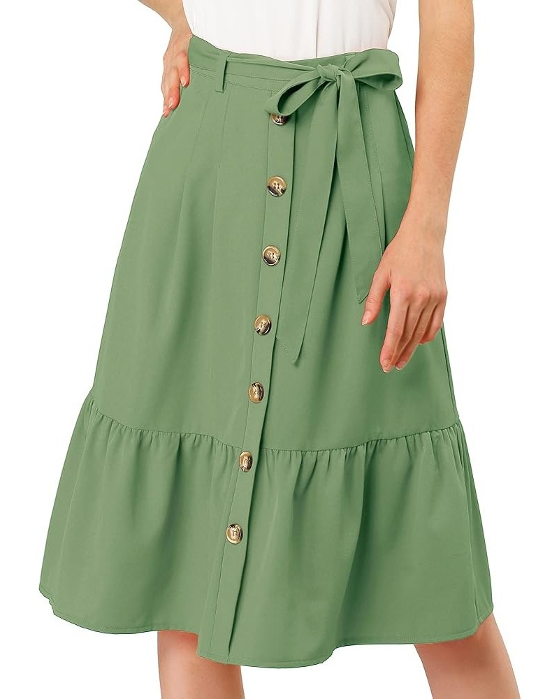 Women's Button Front Ruffle Hem Belt High Waist A-Line Flowy Chiffon Pleated Midi Skirt Avocado Green $12.10 Skirts