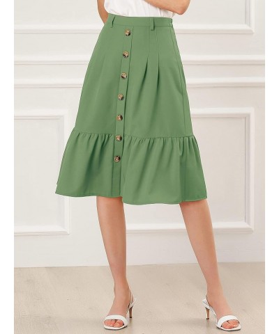 Women's Button Front Ruffle Hem Belt High Waist A-Line Flowy Chiffon Pleated Midi Skirt Avocado Green $12.10 Skirts