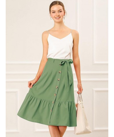 Women's Button Front Ruffle Hem Belt High Waist A-Line Flowy Chiffon Pleated Midi Skirt Avocado Green $12.10 Skirts