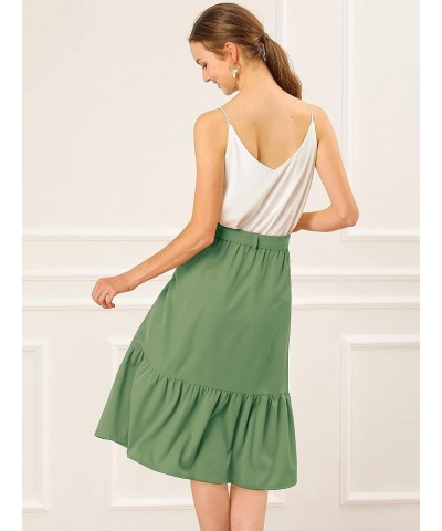 Women's Button Front Ruffle Hem Belt High Waist A-Line Flowy Chiffon Pleated Midi Skirt Avocado Green $12.10 Skirts