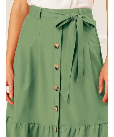 Women's Button Front Ruffle Hem Belt High Waist A-Line Flowy Chiffon Pleated Midi Skirt Avocado Green $12.10 Skirts