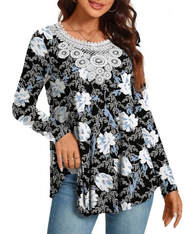 Women Tunic Tops Long Sleeve Fall Casual Fashion Crochet Lace T-shirt Pleated Fit Blouses White Lily $10.90 Tops