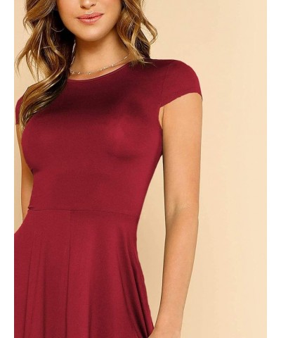 Women's V Back Fit and Flare Short Sleeve Stretchy Short Swing Mini Basic Dress Burgundy $16.28 Dresses