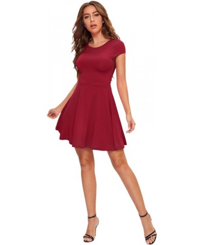 Women's V Back Fit and Flare Short Sleeve Stretchy Short Swing Mini Basic Dress Burgundy $16.28 Dresses