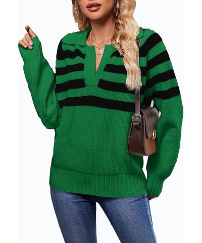 Womens Oversized Sweaters Long Sleeve V Neck Collared Pullover Sweater Striped Casual Fall Winter Knit Tops Green Stripe $21....