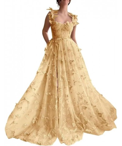 3D Butterflies Tulle Prom Dress 2024 Corset Long Ball Gown Lace Appliques Formal Evening Party Gowns with Slit Gold $39.74 Dr...