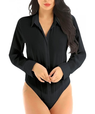 Women's One Piece Long Sleeve Turn-Down Collar Easy Care Work Shirt Bodysuit Jumpsuit Black $10.50 Bodysuits