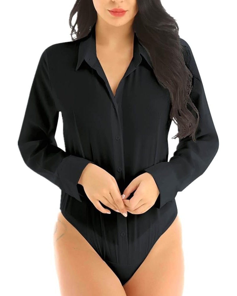 Women's One Piece Long Sleeve Turn-Down Collar Easy Care Work Shirt Bodysuit Jumpsuit Black $10.50 Bodysuits