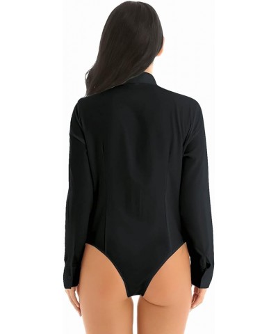 Women's One Piece Long Sleeve Turn-Down Collar Easy Care Work Shirt Bodysuit Jumpsuit Black $10.50 Bodysuits