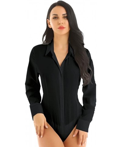 Women's One Piece Long Sleeve Turn-Down Collar Easy Care Work Shirt Bodysuit Jumpsuit Black $10.50 Bodysuits