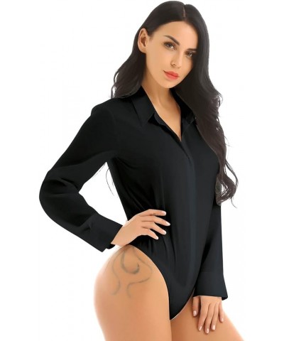 Women's One Piece Long Sleeve Turn-Down Collar Easy Care Work Shirt Bodysuit Jumpsuit Black $10.50 Bodysuits