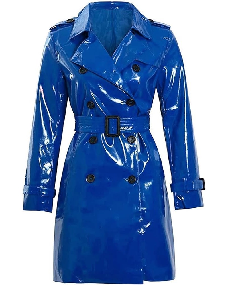 Womens Fashion Outdoor Wet Look Clothing Shiny | Raincoat PVC Leather Trench Coat Blue - Pvc Shiny Leather $61.50 Coats