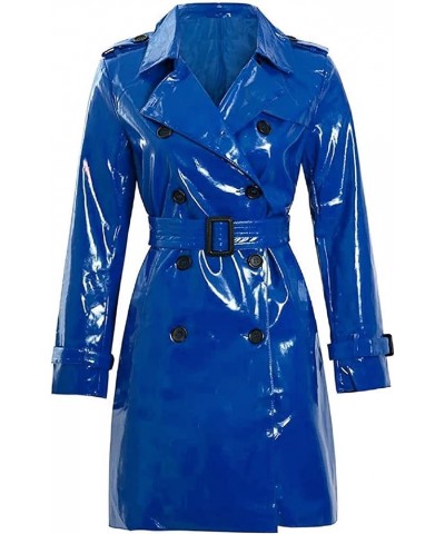 Womens Fashion Outdoor Wet Look Clothing Shiny | Raincoat PVC Leather Trench Coat Blue - Pvc Shiny Leather $61.50 Coats