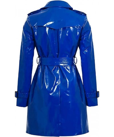 Womens Fashion Outdoor Wet Look Clothing Shiny | Raincoat PVC Leather Trench Coat Blue - Pvc Shiny Leather $61.50 Coats