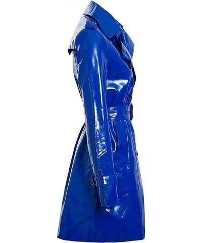 Womens Fashion Outdoor Wet Look Clothing Shiny | Raincoat PVC Leather Trench Coat Blue - Pvc Shiny Leather $61.50 Coats