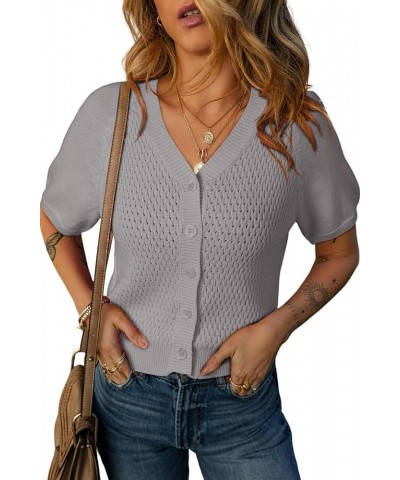 Womens Summer Tops 2024 Trendy V Neck Hollow Out Cropped Button Down Shirts Puff Sleeves Blouses Light Grey $15.59 Sweaters