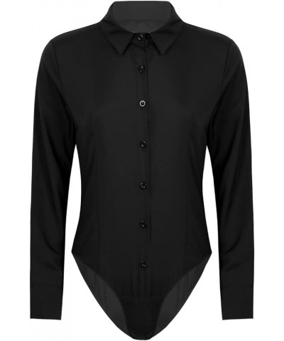 Women's One Piece Long Sleeve Turn-Down Collar Easy Care Work Shirt Bodysuit Jumpsuit Black $10.50 Bodysuits