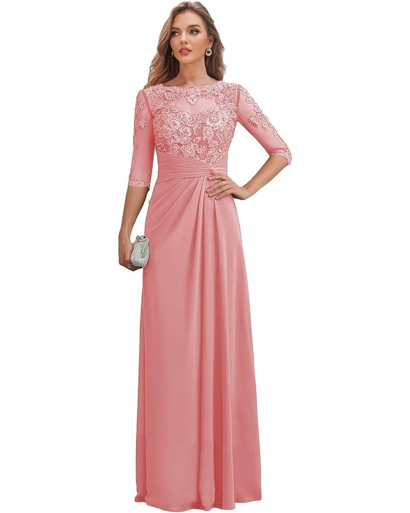 Long Mother of The Bride Dresses with Sleeves Ruched Chiffon Wedding Guest Dress Lace Formal Gown Coral $36.40 Dresses