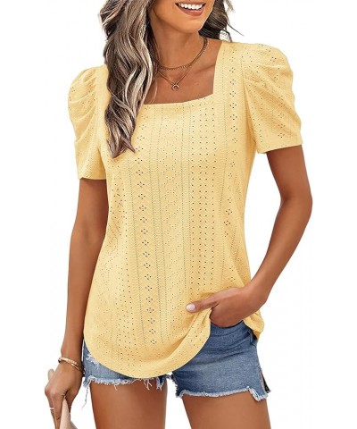 Summer Tops for Women Square Neck Shirts Puff Short Sleeve Eyelet Dressy Casual Tunics Blouse T-Shirt S-2XL 01-yellow $12.99 ...