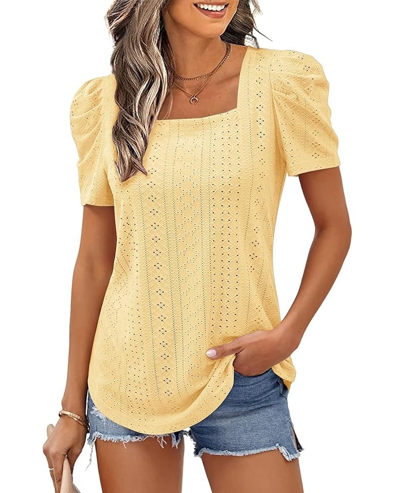 Summer Tops for Women Square Neck Shirts Puff Short Sleeve Eyelet Dressy Casual Tunics Blouse T-Shirt S-2XL 01-yellow $12.99 ...