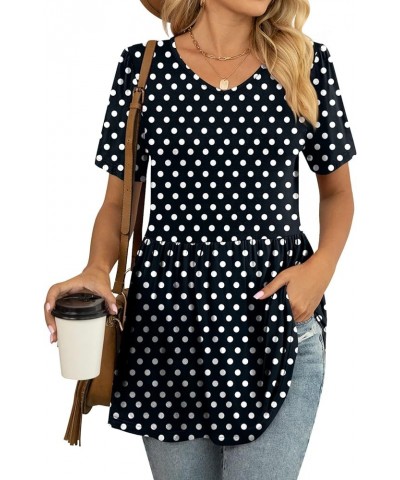 Womens Summer Tops Casual Tunic Short Sleeve V Neck T Shirts Fit Babydoll Blouse Polka Dot Black $11.39 Tops