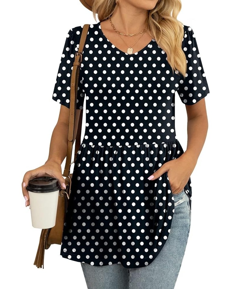 Womens Summer Tops Casual Tunic Short Sleeve V Neck T Shirts Fit Babydoll Blouse Polka Dot Black $11.39 Tops