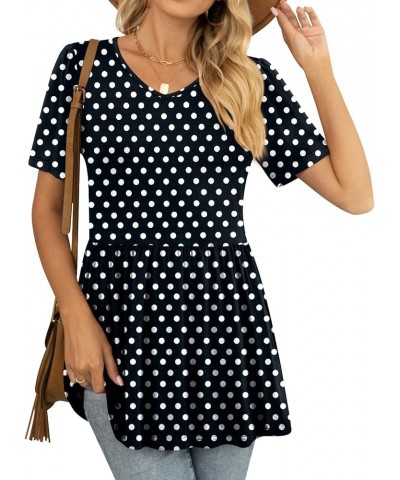 Womens Summer Tops Casual Tunic Short Sleeve V Neck T Shirts Fit Babydoll Blouse Polka Dot Black $11.39 Tops