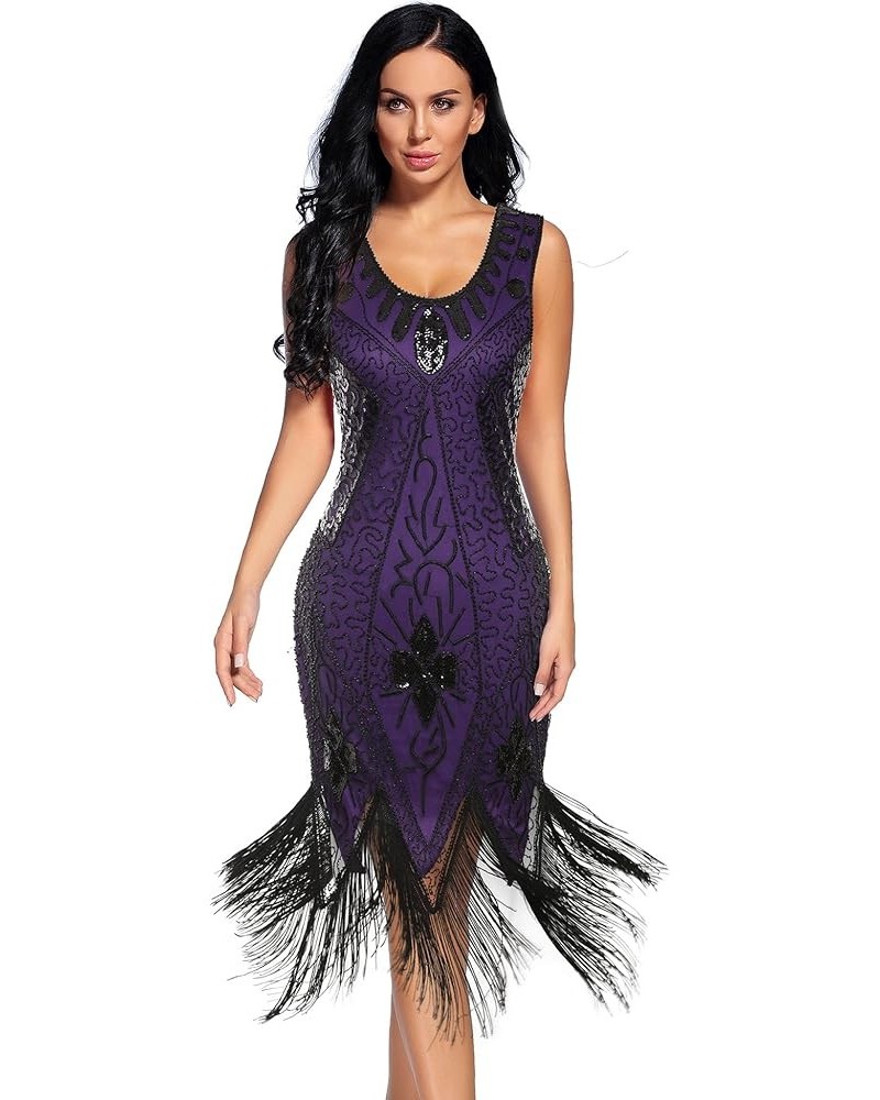 Plus Size 1920s Vintage Gatsby Fringed Flapper Dress Peacock Sequined Dress Roaring 20s Party Dress Black Purple $26.67 Dresses