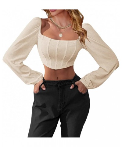 Women's Rib Knit Crop Top Long Sleeve Square Neck Puff Corset Blouse Apricot $12.09 Blouses