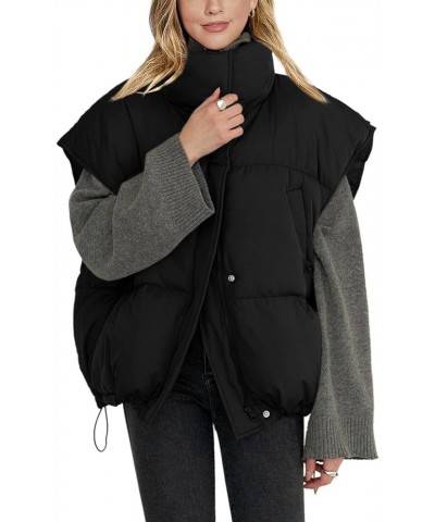 Womens Sleeveless Zip Puffer Vest Drawstrig Hem Oversized Stand Collar Warm Winter Coats Black $26.99 Vests