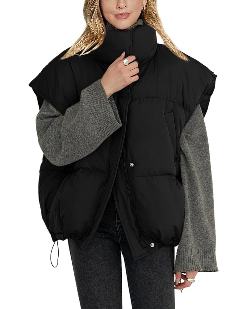 Womens Sleeveless Zip Puffer Vest Drawstrig Hem Oversized Stand Collar Warm Winter Coats Black $26.99 Vests