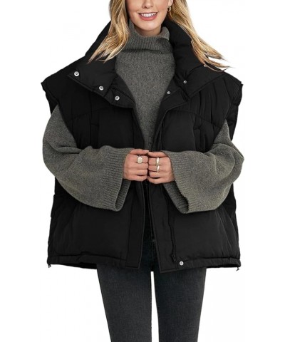 Womens Sleeveless Zip Puffer Vest Drawstrig Hem Oversized Stand Collar Warm Winter Coats Black $26.99 Vests