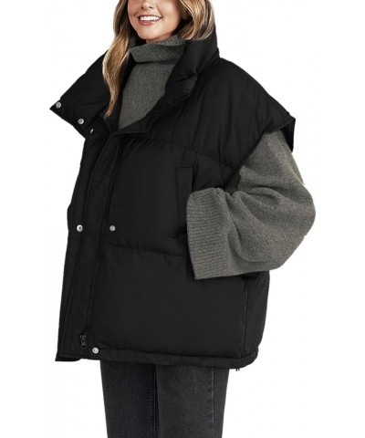 Womens Sleeveless Zip Puffer Vest Drawstrig Hem Oversized Stand Collar Warm Winter Coats Black $26.99 Vests