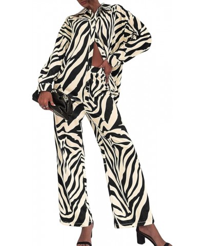 Women's 2 Piece Outfits Slit Hem Longline Blouse and Wide Leg Pants Set Zebra Striped Beige $29.69 Jumpsuits