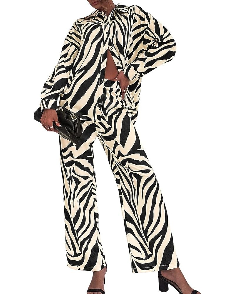 Women's 2 Piece Outfits Slit Hem Longline Blouse and Wide Leg Pants Set Zebra Striped Beige $29.69 Jumpsuits