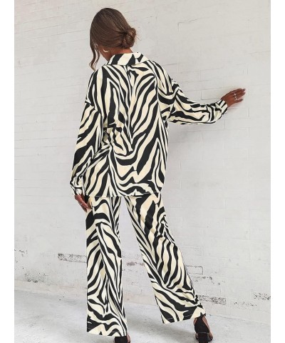 Women's 2 Piece Outfits Slit Hem Longline Blouse and Wide Leg Pants Set Zebra Striped Beige $29.69 Jumpsuits