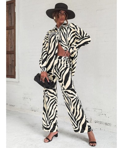 Women's 2 Piece Outfits Slit Hem Longline Blouse and Wide Leg Pants Set Zebra Striped Beige $29.69 Jumpsuits