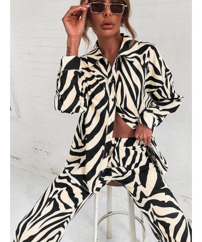 Women's 2 Piece Outfits Slit Hem Longline Blouse and Wide Leg Pants Set Zebra Striped Beige $29.69 Jumpsuits