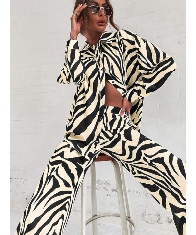 Women's 2 Piece Outfits Slit Hem Longline Blouse and Wide Leg Pants Set Zebra Striped Beige $29.69 Jumpsuits