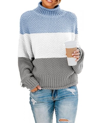 Womens Turtleneck Oversized Sweaters Batwing Long Sleeve Pullover Loose Chunky Knit Jumper Striped Blue $23.45 Sweaters