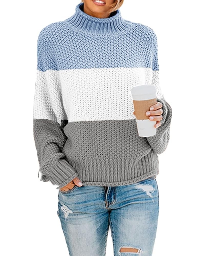 Womens Turtleneck Oversized Sweaters Batwing Long Sleeve Pullover Loose Chunky Knit Jumper Striped Blue $23.45 Sweaters