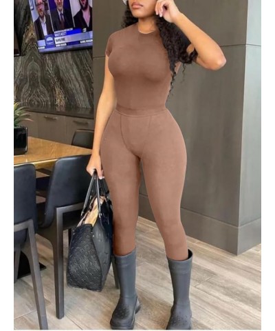 Two Piece Outfits for Women Fitted Crew Neck T-shirt High Waist Leggings Biker Shorts Matching Sets Streetwear Brown $14.35 A...