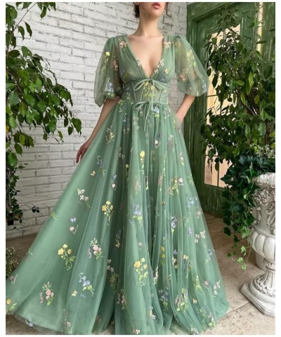 Puffy Sleeves Prom Dresses for Women 2023 Long Tulle Flower Embroidery V Neck Formal Evening Party Gowns Purple-floor Length ...