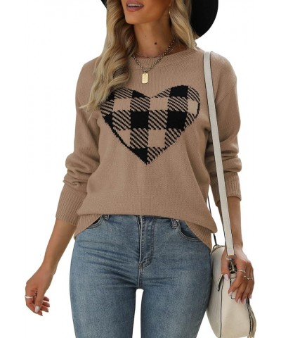 Women's Pullover Sweaters Long Sleeve Crewneck Front Ribbed Knitted Cute Heart Sweater 8176 Camel $16.77 Sweaters