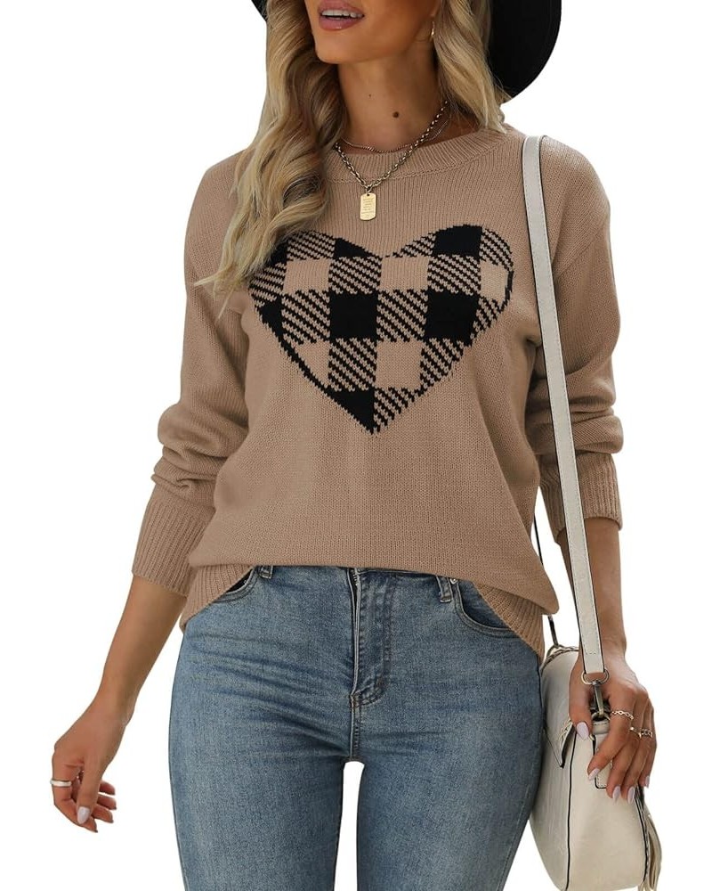 Women's Pullover Sweaters Long Sleeve Crewneck Front Ribbed Knitted Cute Heart Sweater 8176 Camel $16.77 Sweaters